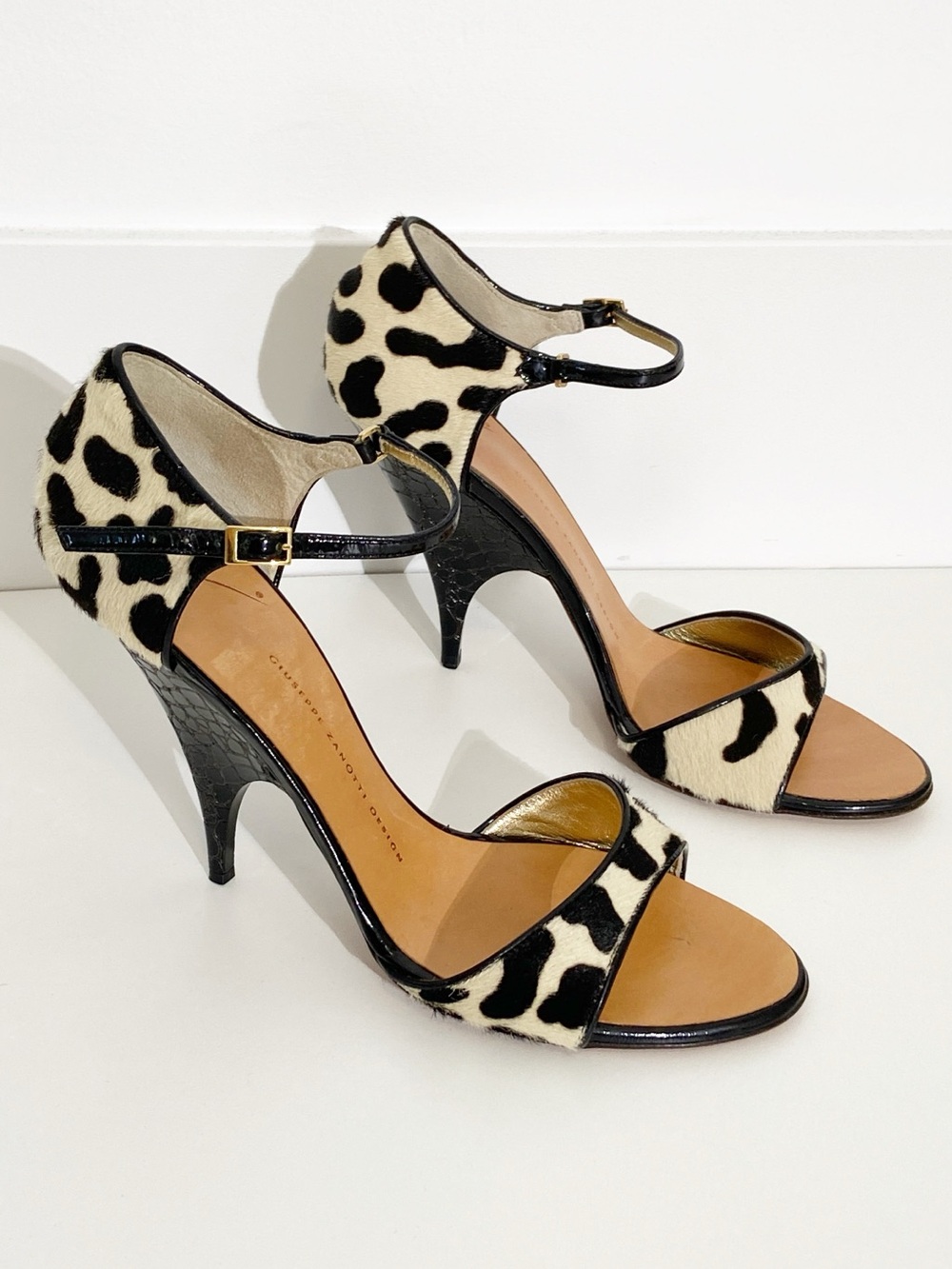 Giuseppe Zanotti Black and Cream Pony Hair Cowhide Spot Sandals